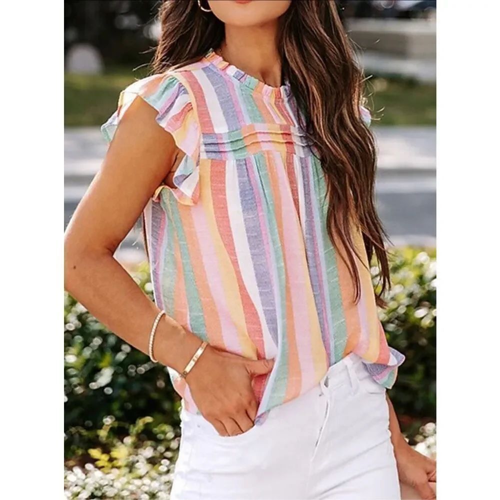 Women's Bohemian Shirt Blouse Top Casual Striped Ruffle Short Sleeve Size XL